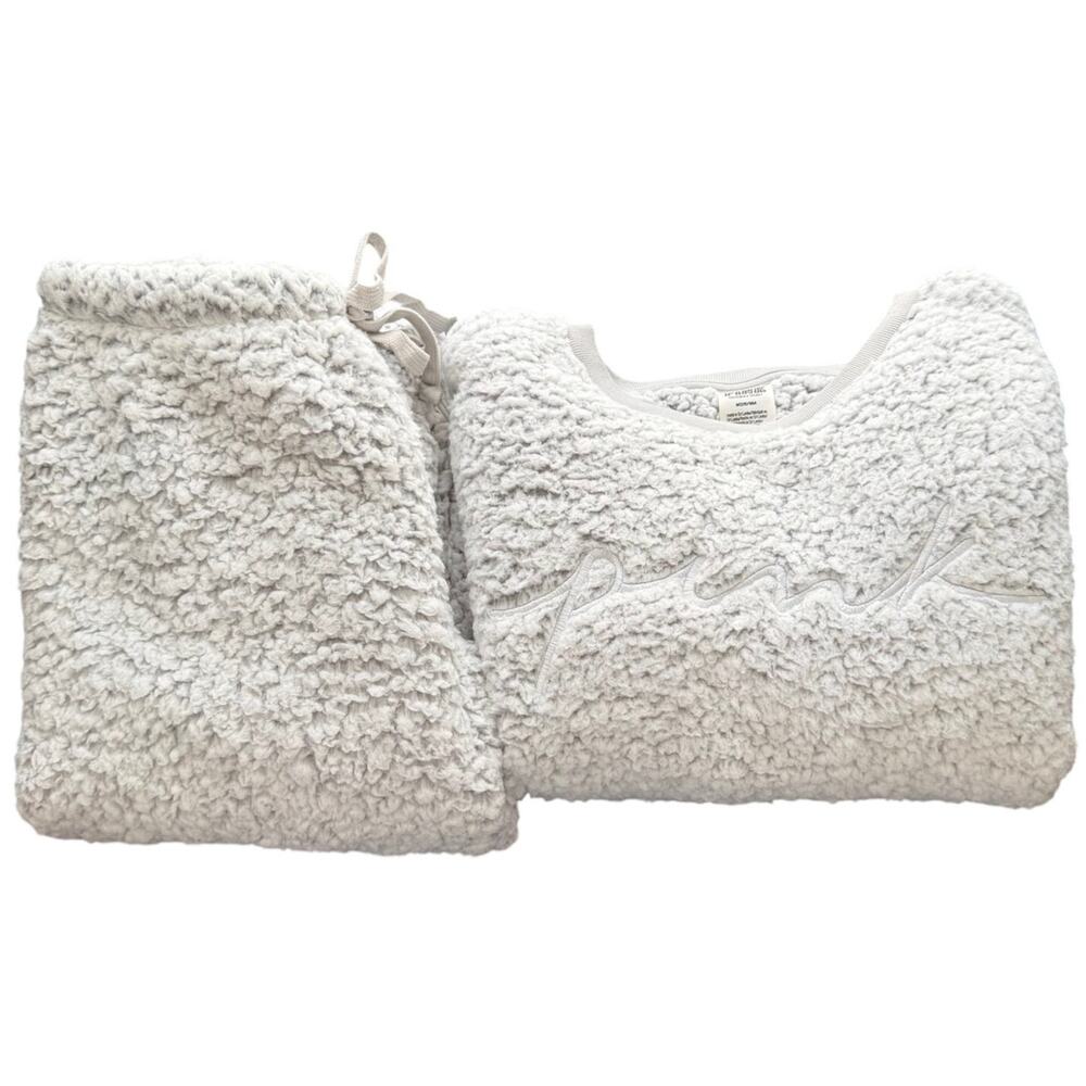 PINK Victoria Secret Women's M Gray Sherpa Loungewear Set Crew Neck Jogger Pants